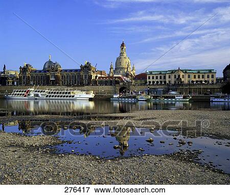 Stock Photo - Steamboats at harbor, Elbe River, Church of Our Lady, Bruhl Terrace, Dresden, Saxony, Germany . Fotosearch