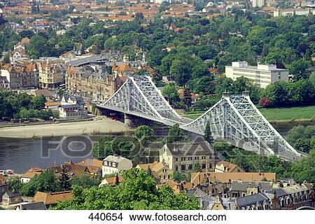 Suspension railway bridge across river, Elbe River, Blaues Wunder, Dresden, Saxony, Germany View Large Photo Image Picture - Suspension railway bridge across river, Elbe River, Blaues Wunder, Dresden, Saxony, Germany . Fotosearch