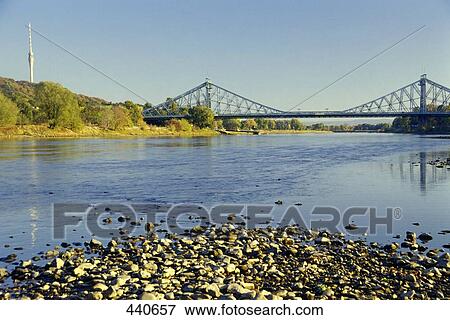 Suspension railway bridge across river, Elbe River, Blaues Wunder, Dresden, Saxony, Germany View Large Photo Image Stock Photo - Suspension railway bridge across river, Elbe River, Blaues Wunder, Dresden, Saxony, Germany . Fotosearch
