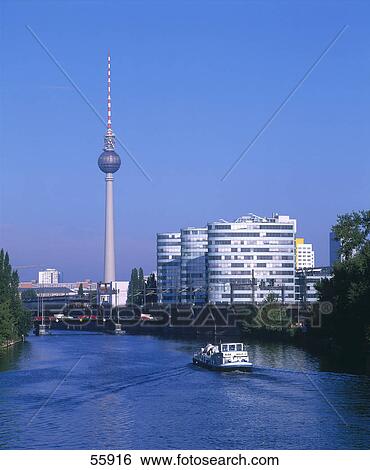 Stock Photograph - Tour boat in river, Spree River, Berlin, Germany . Fotosearch