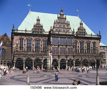 Stock Photograph - Tourists in front of city hall building, Bremen, Germany . Fotosearch