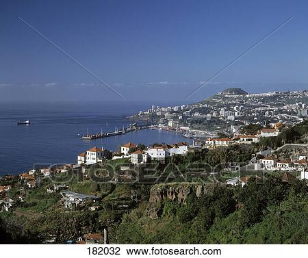 Town at coast under clear blue sky, Funchal, Madeira Island, Portugal View Large Photo Image Stock Image - Town at coast under clear blue sky, Funchal, Madeira Island, Portugal . Fotosearch
