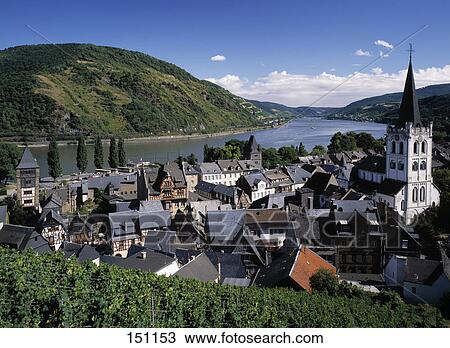 Town at riverside, Bacharach, Rhine Valley, Germany View Large Photo Image Stock Image - Town at riverside, Bacharach, Rhine Valley, Germany . Fotosearch