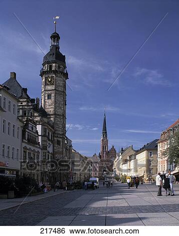 Stock Photograph - Town hall with church, Bruederkirche Church, Altenburg, Thuringia, Germany . Fotosearch