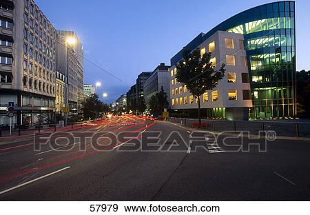 Stock Photo - Traffic on road at dusk, Boulevard Royal, Luxembourg City, Luxembourg . Fotosearch