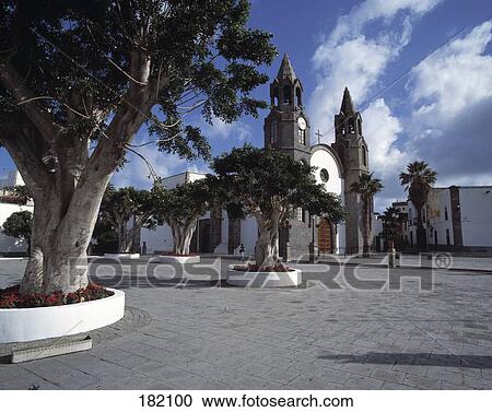 Stock Image - Trees around church in town, Gran Canaria Island, Canary Islands, Spain . Fotosearch