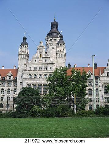 Stock Image - Trees in front of city hall, Leipzig, Saxony, Germany . Fotosearch
