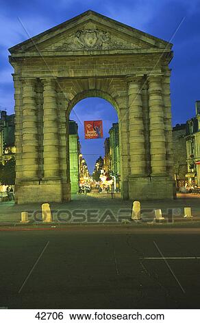 Triumphal arch lit up at evening, Porte Dijeaux, Vieux Bordeaux, Bordeaux, France View Large Photo Image Stock Photograph - Triumphal arch lit up at evening, Porte Dijeaux, Vieux Bordeaux, Bordeaux, France . Fotosearch
