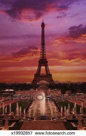 France Paris Eiffel Tower At Sunset Digital Composite Stock Photo