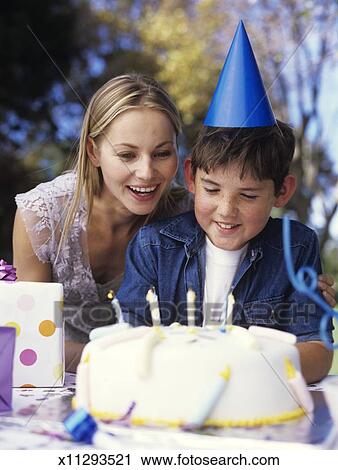 Mother And Son 8 10 Wearing Party Hat With Birthday Cake Stock