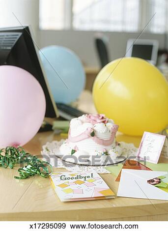 Stock Photograph Of Balloons Cake And Greeting Card On Desk In Balloons Cake And Greeting Card On Desk In Office