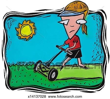 Stock Illustration of Woman Mowing Lawn x14137028 - Search EPS Clip Art ...