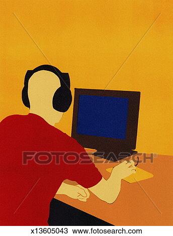 Man working on computer, wearing headphones, rear view Drawing