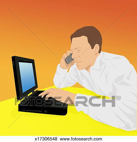 Stock Illustration of Man using laptop computer and mobile phone ...