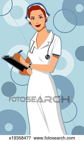 Stock Illustration of Nurse in white uniform holding clipboard ...