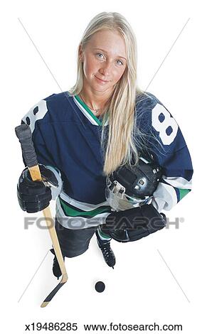 caucasian attractive female young smiles hockey jersey wearing player blonde looks she hair long blue photography camera fotosearch