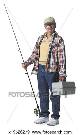 Elderly man smiles holding a fishing pole and a tackle box ...