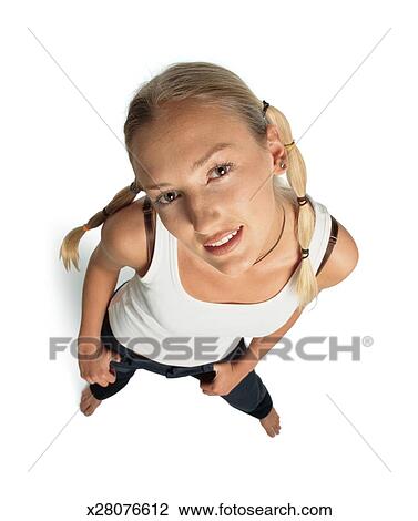 Funky Teenager With Funny Blonde Hair In Pigtails And Brown Eyes