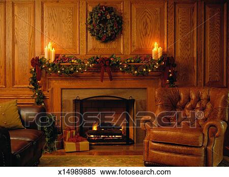 Christmas Decorations Around A Fireplace Stock Photography