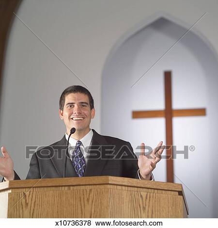 Pictures of Male preacher standing at pulpit, gesturing, portrait ...