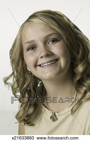 Teenage Girl 16 17 Wavy Blonde Hair Smiling Portrait Stock