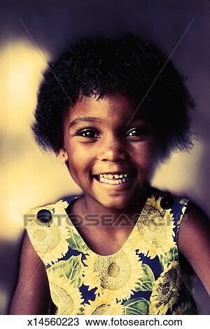 Cute Happy Young African American Girl With Short Black Hair And