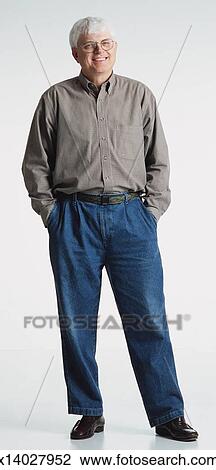 Old White Haired Adult Caucasian Male With Glasses Wearing Jeans