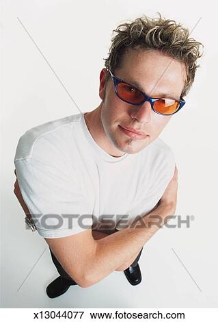 Young Man Bleached Spiked Hair Wears Yellow Sunglasses White T