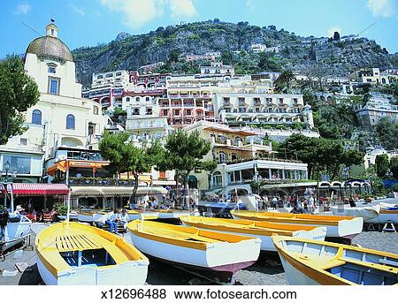 Fishing Boats On Spiaggia Grande Beach At The Duomo Santa Maria Assunta In Positano On The Amalfi Coast Italy Stock Photo