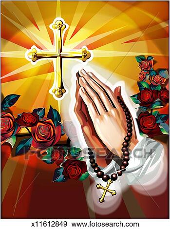 Person holding rosary while praying, cross and roses in background