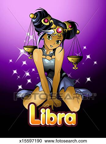 'Libra' below anime woman with scales of justice in hair Stock Image