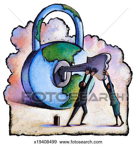 人 と 女性 回転 キー Globe Shaped ナンキン錠 イラスト X Fotosearch