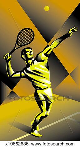 Male tennis player winding up to serve ball Stock Illustration