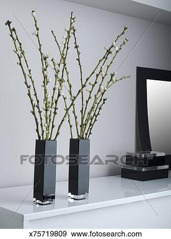 Pussy Willows In A Vase On A Mantelpiece Stock Photo X75719809