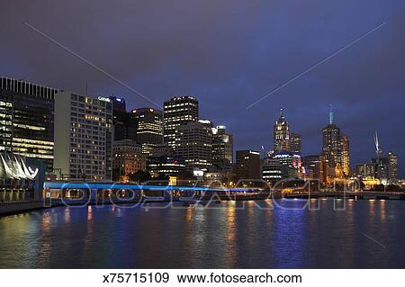 Australia Victoria Melbourne City Skyline And Yarra River Night