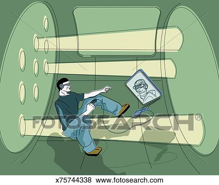 Man Using Video Conferencing In Zero Gravity Room Stock Illustration