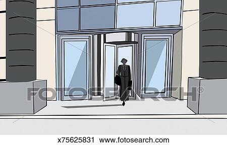 Businesswoman Walking Out Of The Revolving Doors Of An Office Building Clip Art