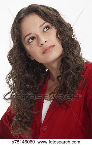 Teenage Girl 15 17 With Curly Hair Looking Up Close Up Stock