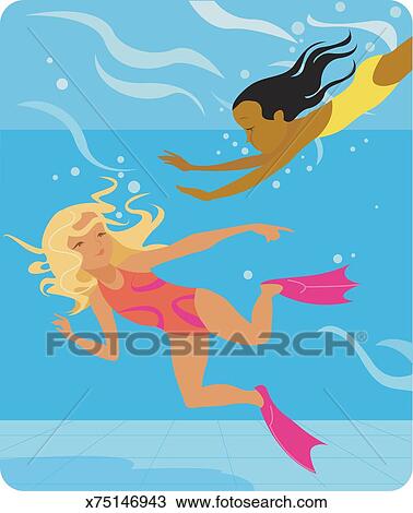 Girls swimming in pool with flippers, underwater view Drawing  x75146943  Fotosearch