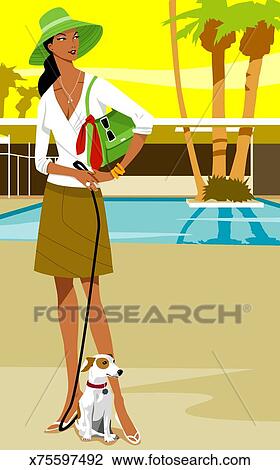 Femme à Chien Sur Laisse Debout à Côté De Piscine Dessin