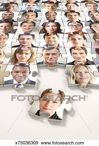 Stock Photograph Of Puzzle Made From Faces One Piece Standing Out Puzzle Made From Faces One Piece Standing Out