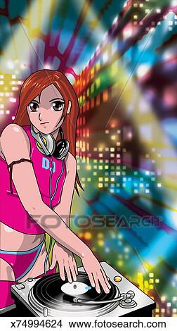 Drawings of Portrait of a Female Dj Using a Turntable in a Nightclub