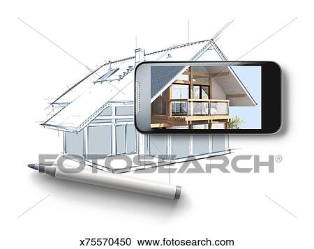 Sketch Of A House With Smartphone And Pencil Stock Image