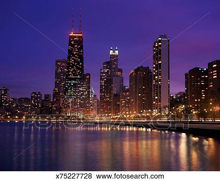 Usa Illinois Chicago Skyline And Lake Michigan Night Stock Photo