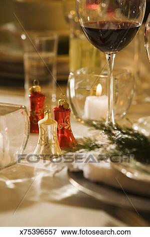 Christmas Decorations And Wine Glass Stock Photo X75396557