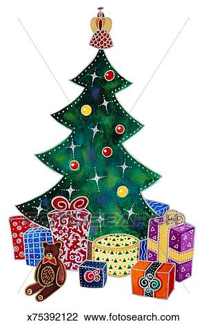 Presents Around Christmas Tree Drawing X75392122 Fotosearch