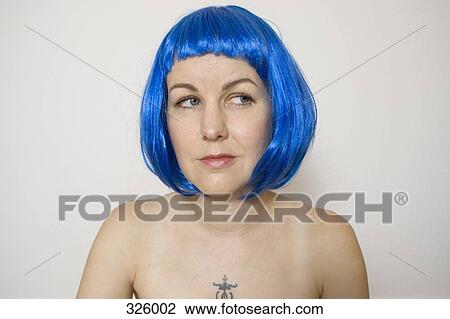 Woman wearing blue wig View Large Photo Image Stock Image - Woman wearing blue wig. Fotosearch