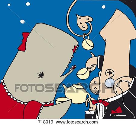 Stock Photo - A whale and a squid dressed up and having a tea party. Fotosearch