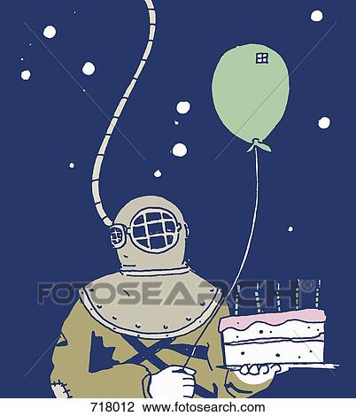 An old-fashioned scuba diver holding a birthday cake and a balloon View Large Photo Image Stock Image - An old-fashioned scuba diver holding a birthday cake and a balloon. Fotosearch