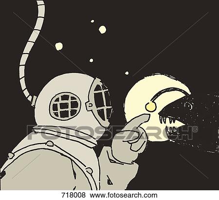 Stock Photo - An old-fashioned scuba diver pointing at a Blackdevil Fish. Fotosearch